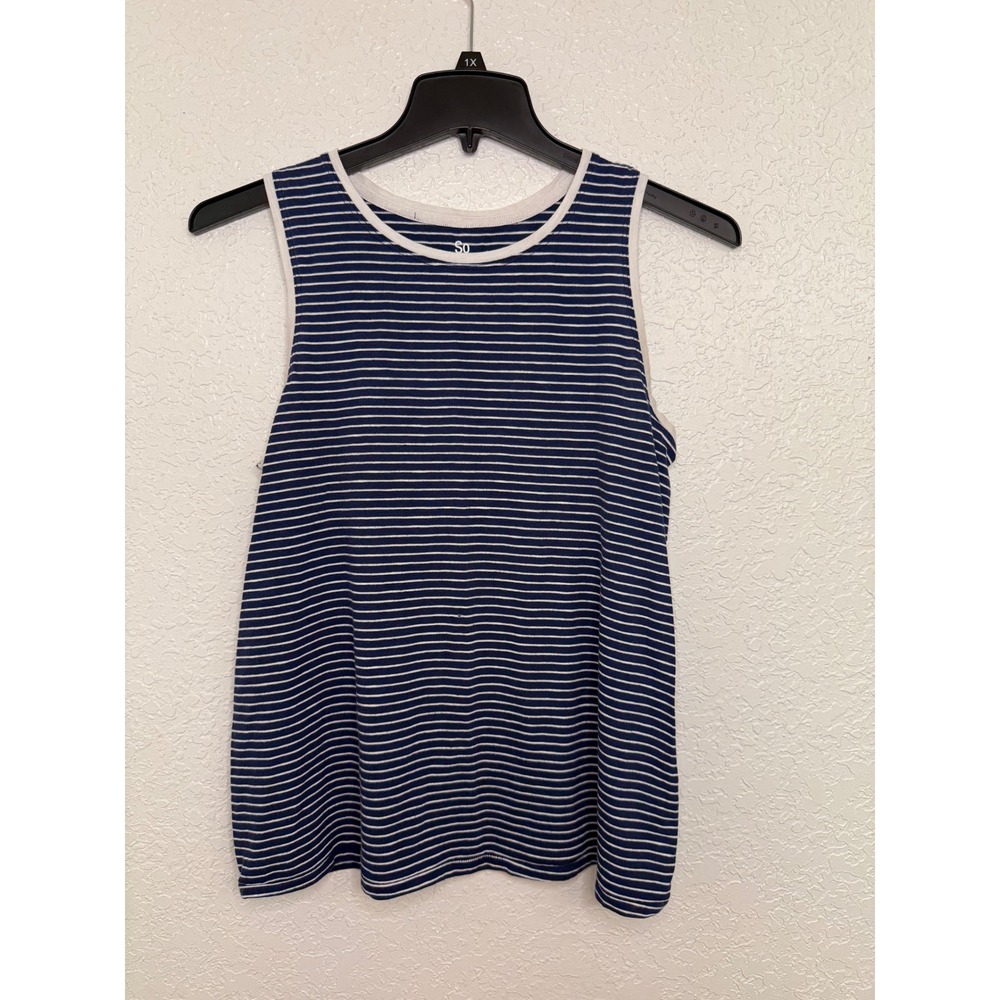SO Womens Navy Blue White Striped Sleeveless Tank Top Crew Neck Size M
